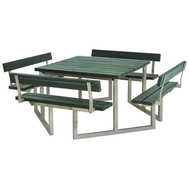 Picknicktafel gerecycled kunststof groen - Twist vierkant 4 rugleuningen 227 x 227 x 76 cm