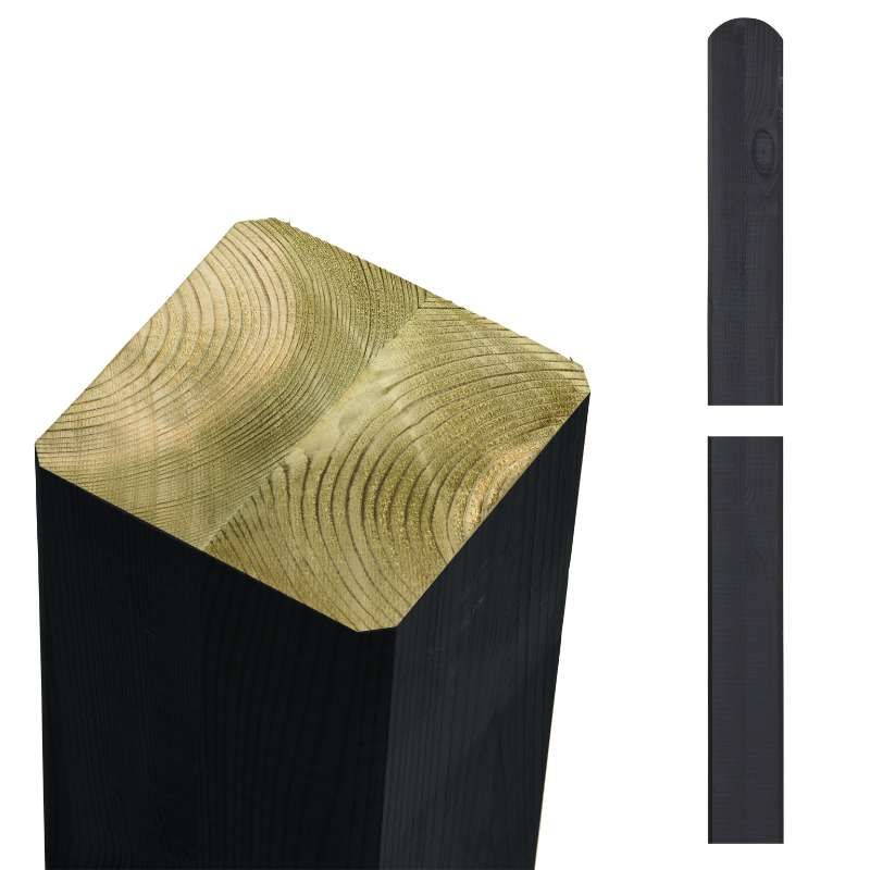 Hekpaal vuren 9 x 9 cm zwart ongepunt met afgeronde kant geschaafd