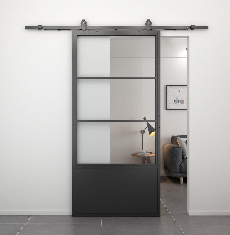 Stalen schuifdeur - Loft - 3 vaks helder glas - kickplate - 235 x 100 cm