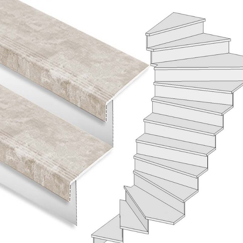 Traprenovatie set - 2 kwart draai - 13 treden SPC toplaag Beton Taupe incl. witte stootborden