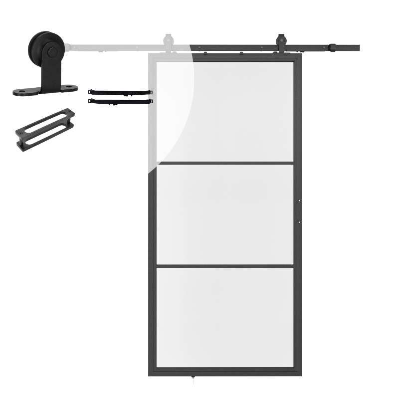 Stalen schuifdeur - Loft - 3 vaks helder glas - 215 x 100 cm inclusief schuifdeursysteem