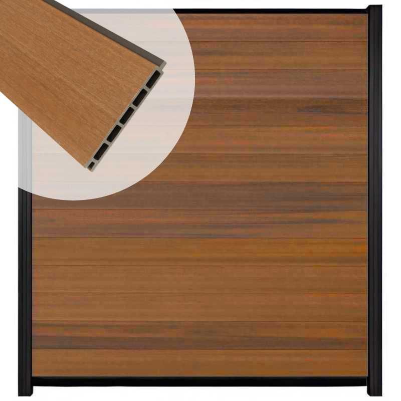 Schutting composiet co-extrusie Garda teak met zwart aluminium kader (180 x 200 cm)