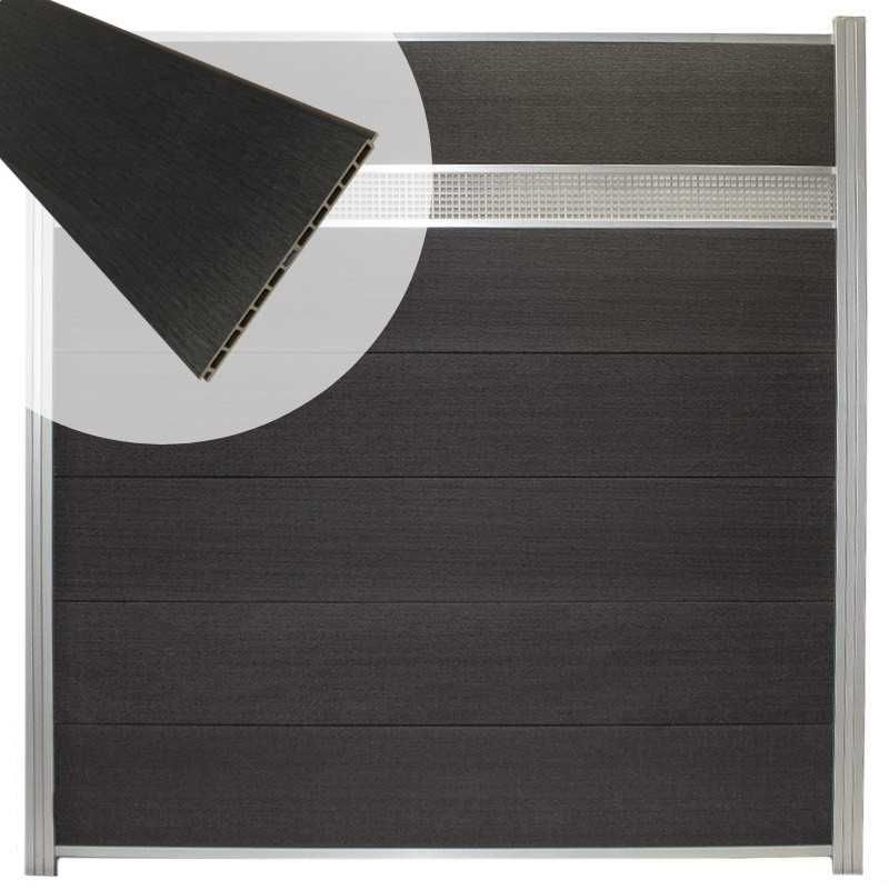 Schutting composiet co-extrusie Como antraciet met blank aluminium kader en deco lamel rooster (180 x 190 cm)