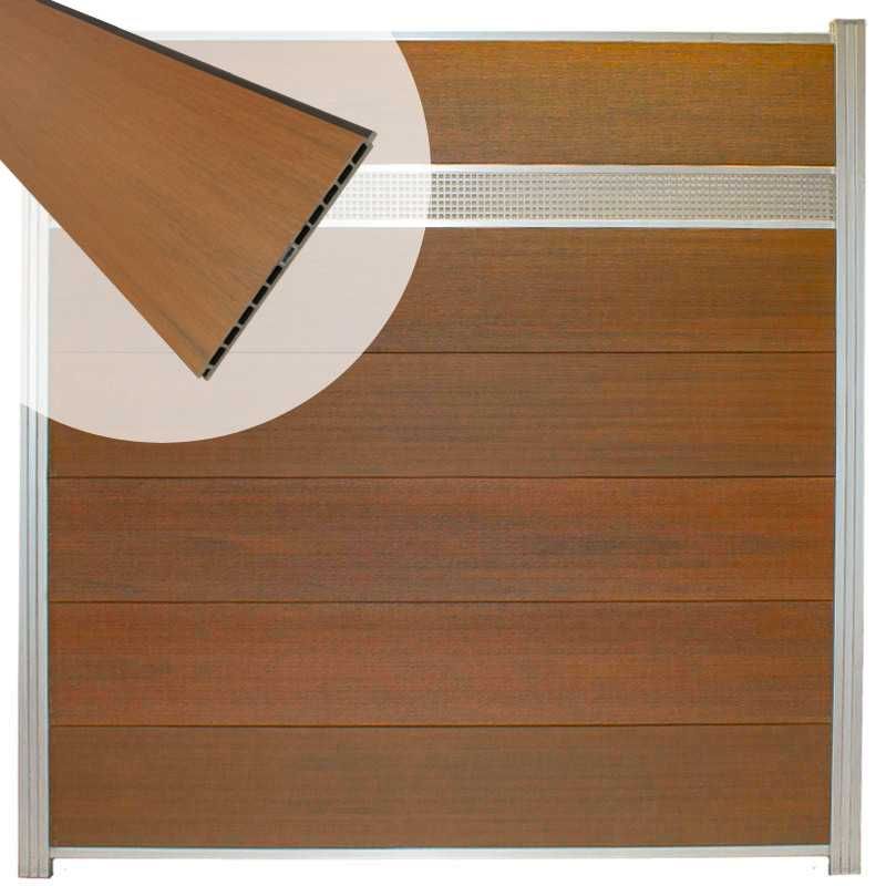 Schutting composiet co-extrusie Como teak met blank alu kader en deco lamel rooster (180x190cm)