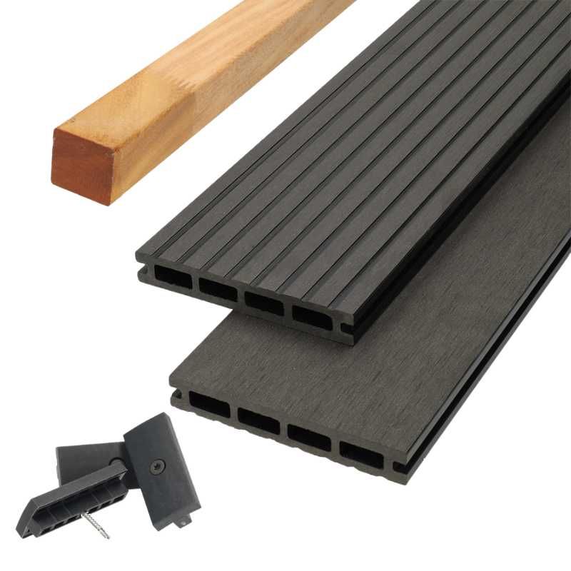Vlonder totaalpakket composiet 2,1 x 14 cm antraciet (5 mtr) vlak/grove ribbel