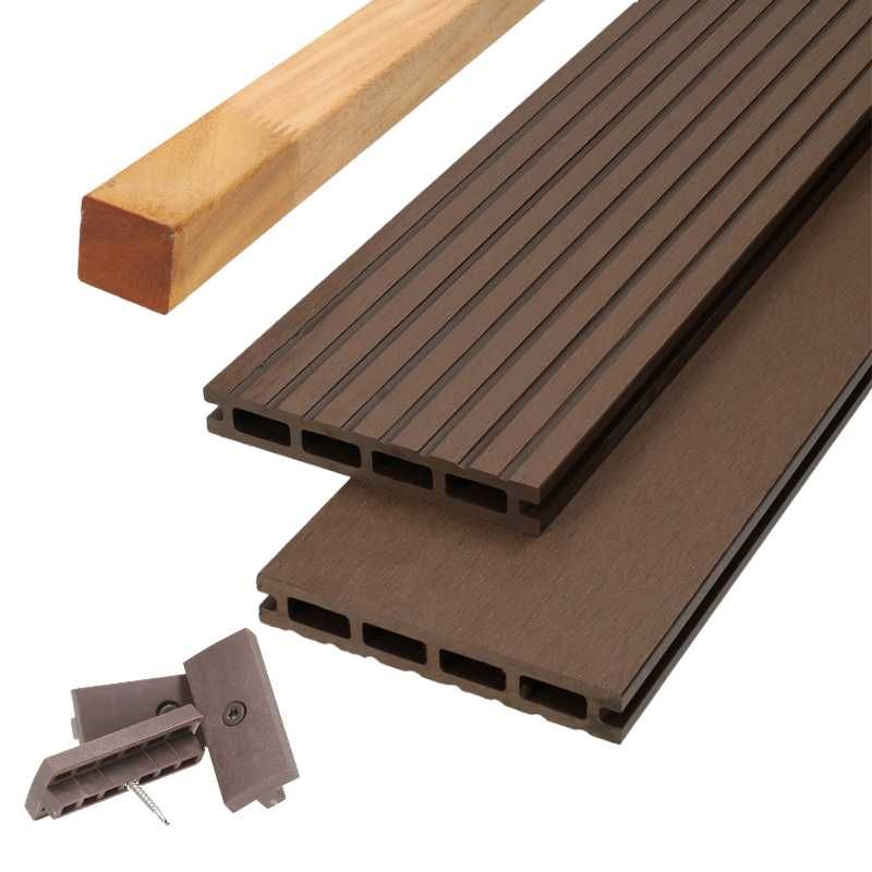 Vlonder totaalpakket composiet 2,1 x 14 cm donker bruin (4 mtr) vlak/grove ribbel