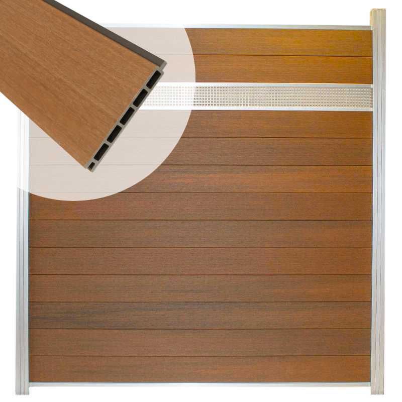 Schutting composiet co-extrusie Garda teak met blank alu kader en deco lamel rooster (180x190cm)