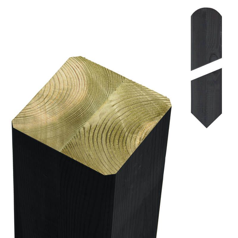 Paal vuren 7 x 7 cm zwart (207 cm) met gepunte en afgeronde kant geschaafd