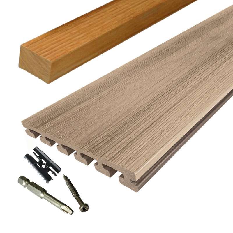 Vlonder totaalpakket composiet 2,5 x 21 cm Eiken (5 mtr) vlak/schorsmotief