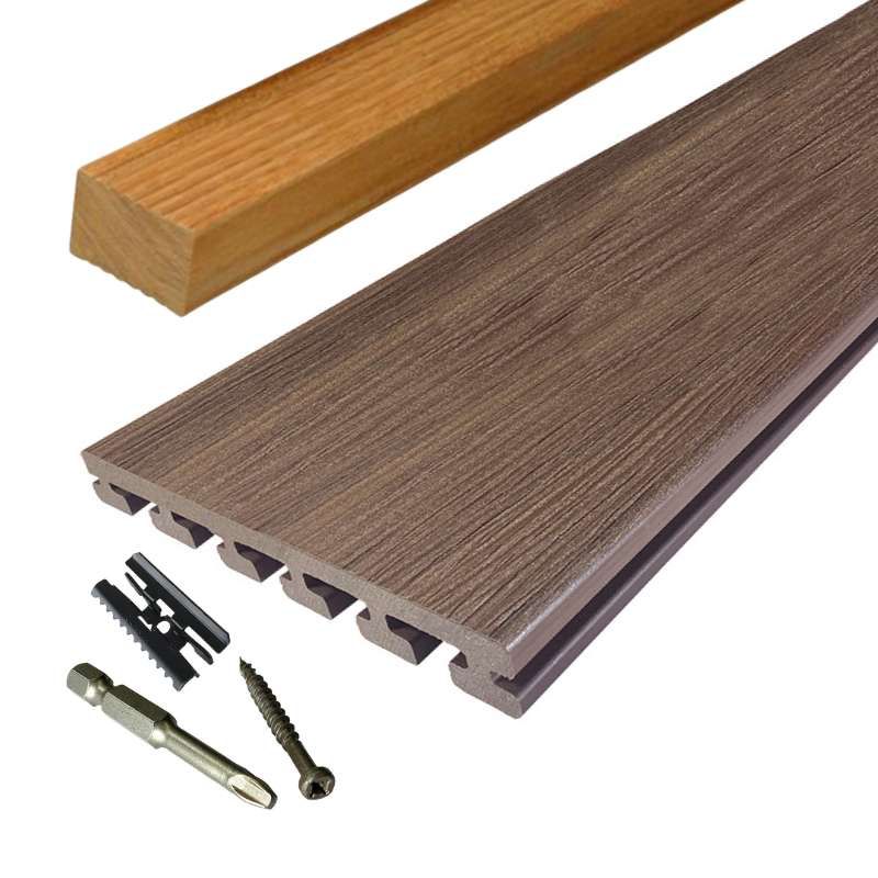 Vlonder totaalpakket composiet 2,5 x 21 cm Ipé (5 mtr) vlak/schorsmotief