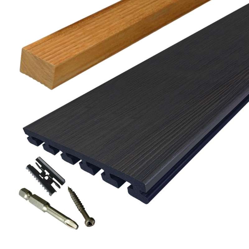 Vlonder totaalpakket composiet 2,5 x 21 cm Nero (5 mtr) vlak/schorsmotief
