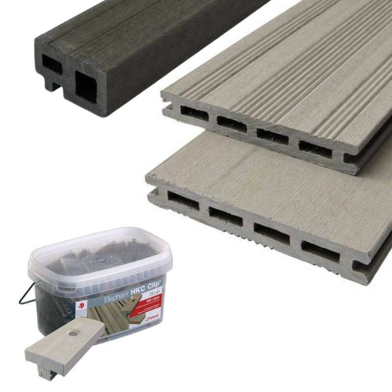 Vlonder totaalpakket composiet 2,1 x 14,5 cm grijs (2,25 mtr) vlak/fijne ribbel