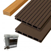 C-Wood Vlonder totaalpakket composiet 2,1 x 14 cm donker bruin (5 mtr) vlak/grove ribbel