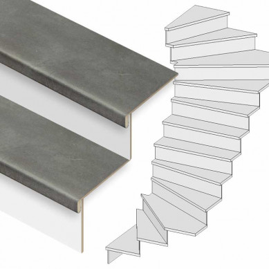 Ekostairs Traprenovatie set - 2 draai - 14 treden PVC toplaag Cement donker incl. witte stootborden