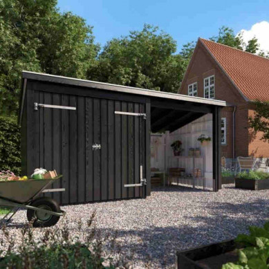 Plus Danmark Multi tuinhuis met dubbele deur/open 9,5 m2 onbehandeld incl. dakleer/alu strips 218 x 432 x 220 cm
