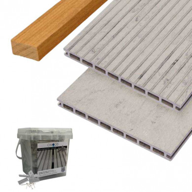 C-Wood Vlonderplank totaalpakket composiet 2,1 x 25 cm - XXL steengrijs gevlamd (4 mtr) grove ribbel en vlak