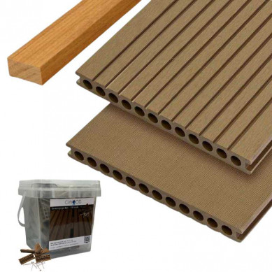 C-Wood Vlonder totaalpakket composiet semi massief 2,5 x 25 cm | XXL teak bruin (4 mtr) grove ribbel en geborsteld