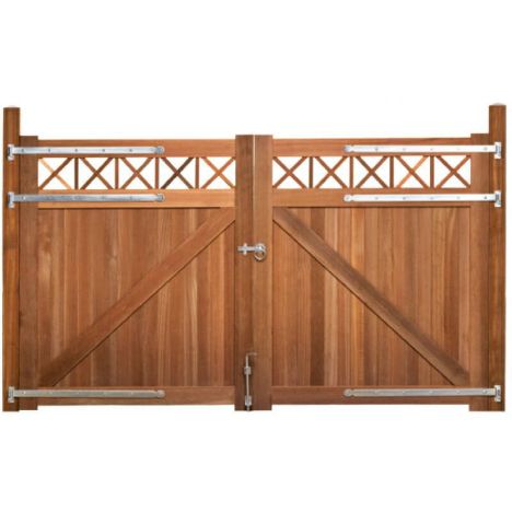 Dubbele poort hardhout bankirai Belmonte set met trellis en 2 palen en steunpiket (300 x 180 cm)