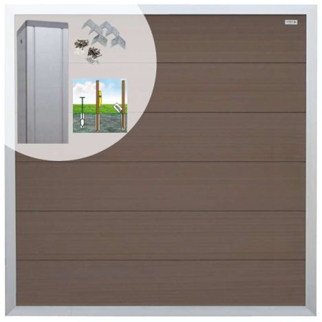 Schutting set composiet Forte bruin met blank aluminium kader (5,67 meter)