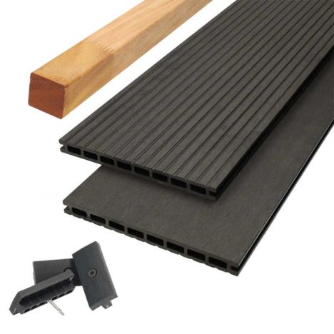 Vlonder totaalpakket composiet 2,1 x 25 cm - XXL antraciet (4 mtr) vlak/grove ribbel