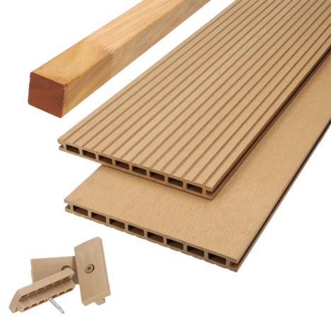 Vlonder totaalpakket composiet 2,1 x 25 cm - XXL teak bruin (4 mtr) vlak/grove ribbel