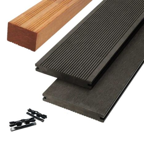 Vlonder totaalpakket composiet massief 1,9 x 14 cm antraciet (5 mtr) grove ribbel/vlak