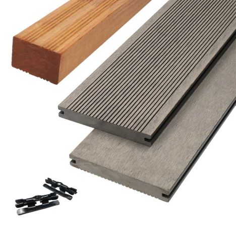 Vlonder totaalpakket composiet massief 1,9 x 14 cm grijs (4 mtr) grove ribbel/vlak