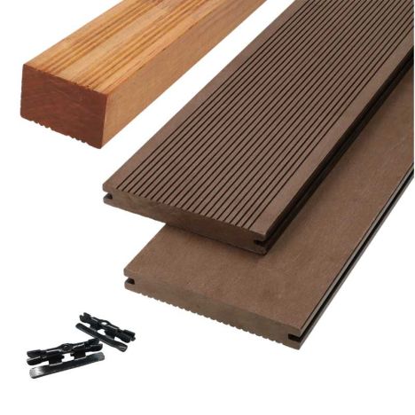 Vlonder totaalpakket composiet massief 1,9 x 14 cm donker bruin (4 mtr) grove ribbel/vlak