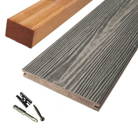 Vlonder totaalpakket composiet massief 2,4 x 19 cm driftwood grey (3 mtr) schorsmotief