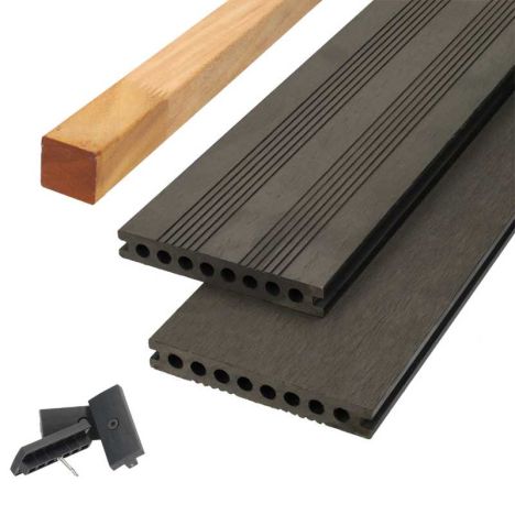 Vlonder totaalpakket composiet semi massief 2,1 x 14 cm antraciet (4 mtr) fijne ribbel en vlak