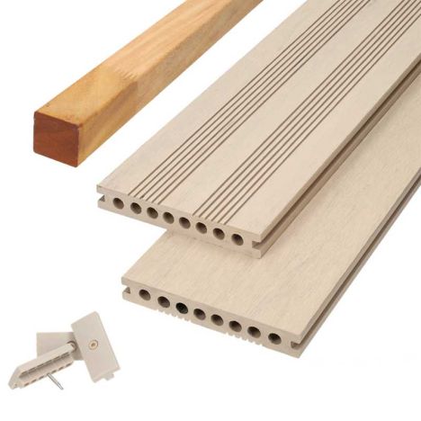 Vlonder totaalpakket composiet semi massief 2,1 x 14 cm steengrijs gevlamd (4 mtr) fijne ribbel en vlak
