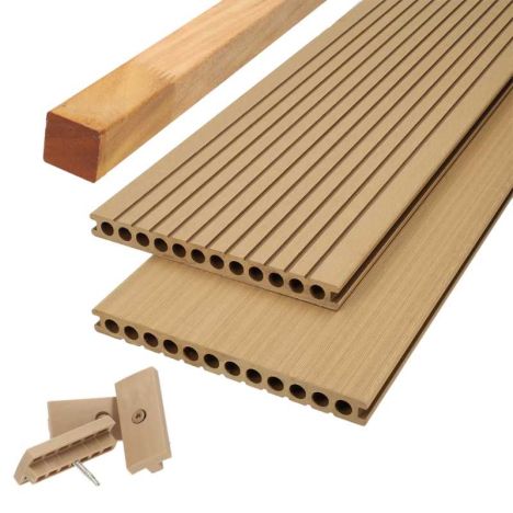 Vlonder totaalpakket composiet semi mass. 2,5x25cm XXL teak bruin (4mtr) grove ribbel/geborsteld