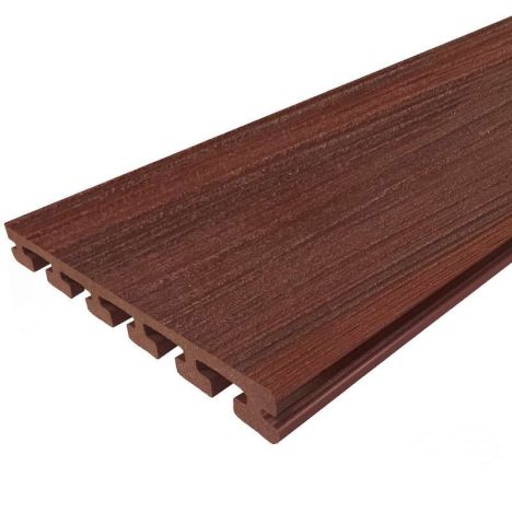 Vlonderplank composiet semi massief 2,5 x 21 cm Padoek (rood) vlak/schorsmotief (5 mtr)