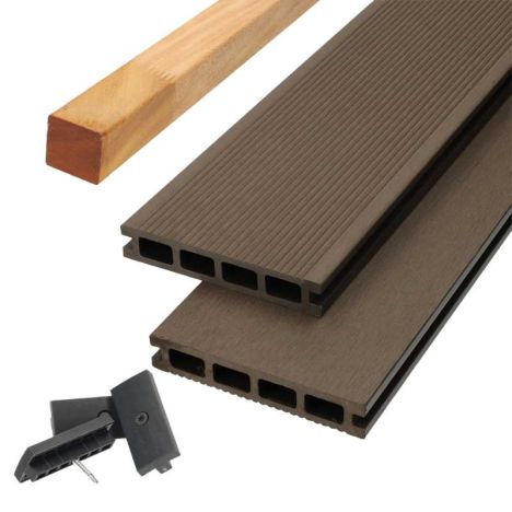 Vlonder totaalpakket composiet 2,5 x 14 cm bruin (5 mtr) fijne ribbel/geborsteld
