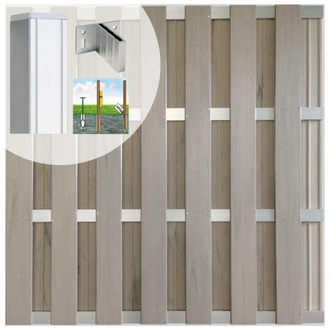 Schutting set composiet Bari steengrijs gevlamd met blank aluminium frame (7,54 meter)