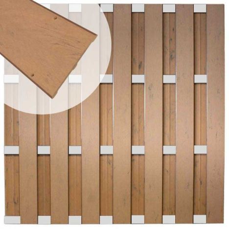 Zelfbouw schutting composiet Bari bruin gevlamd met blank alu accessoires (180 x 180 cm)
