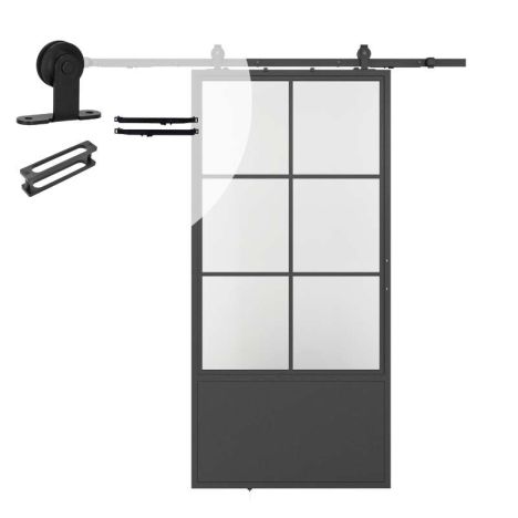 Stalen schuifdeur - Loft - 6 vaks helder glas - kickplate - 215 x 100 cm inclusief schuifdeursysteem