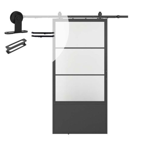 Stalen schuifdeur - Loft - 3 vaks helder glas - kickplate - 215 x 100 cm inclusief schuifdeursysteem