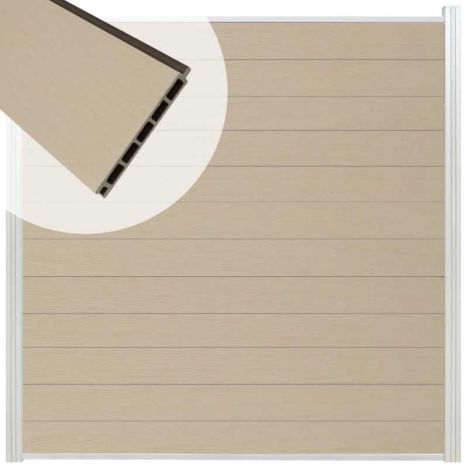 Schutting composiet co-extrusie Garda beige met blank aluminium kader (180 x 180 cm)