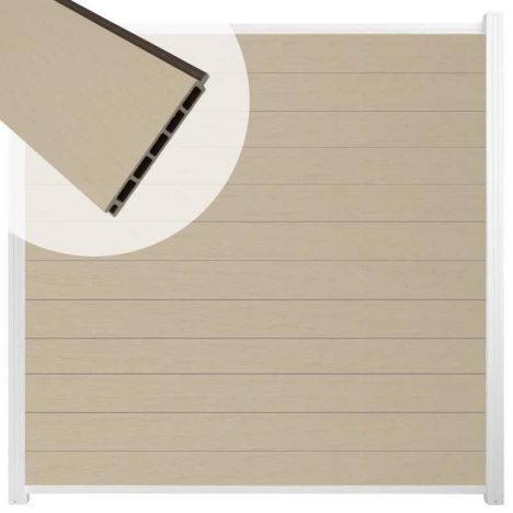 Schutting composiet co-extrusie Garda beige met wit aluminium kader (180 x 180 cm)