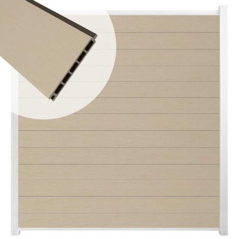 Schutting composiet co-extrusie Garda beige met wit aluminium kader (180 x 200 cm)