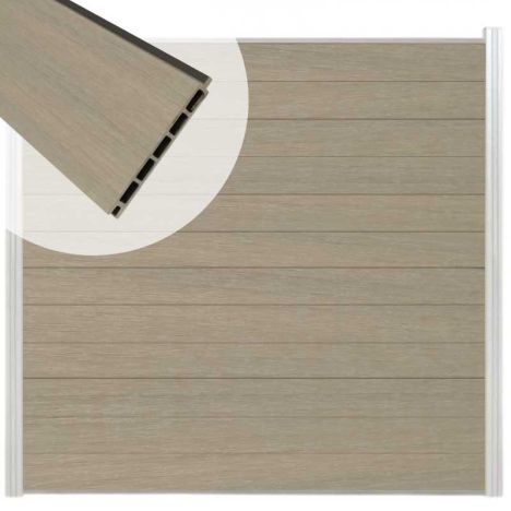 Schutting composiet co-extrusie Garda vergrijsd bruin met blank aluminium kader (180 x 180 cm)