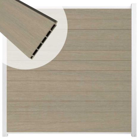 Schutting composiet co-extrusie Garda vergrijsd bruin met wit aluminium kader (180 x 180 cm)