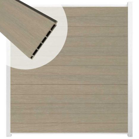 Schutting composiet co-extrusie Garda vergrijsd bruin met wit alu kader (180 x 200 cm)