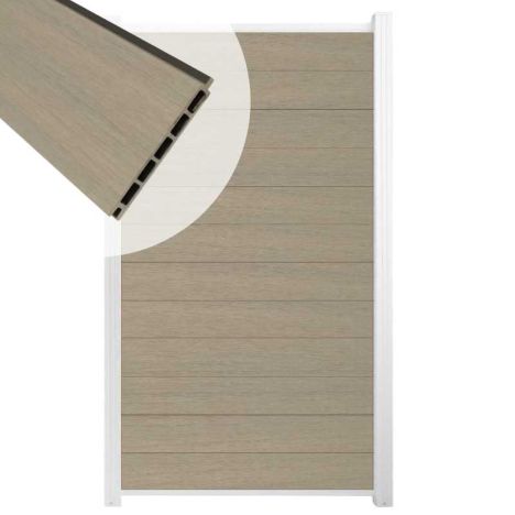 Schutting composiet co-extrusie Garda vergrijsd bruin met wit alu kader (90 x 180 cm)