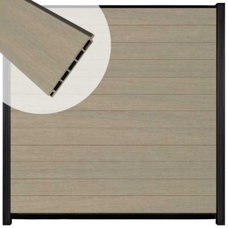 Schutting composiet co-extrusie Garda vergrijsd bruin met zwart aluminium kader (180 x 180 cm)