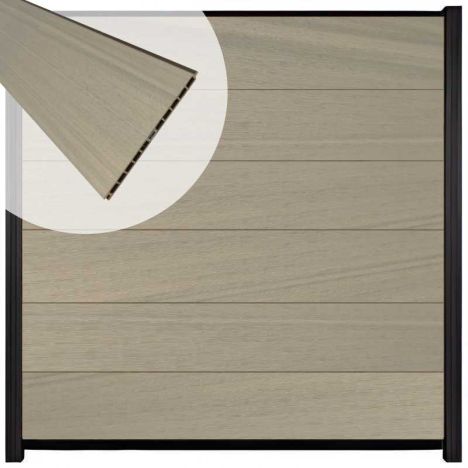 Schutting composiet co-extrusie Como vergrijsd bruin met zwart aluminium kader (180 x 180 cm)