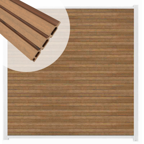 Zelfbouw schutting composiet Rhombus Triple bruin gevlamd - wit alu accessoires (180 x 200 cm)