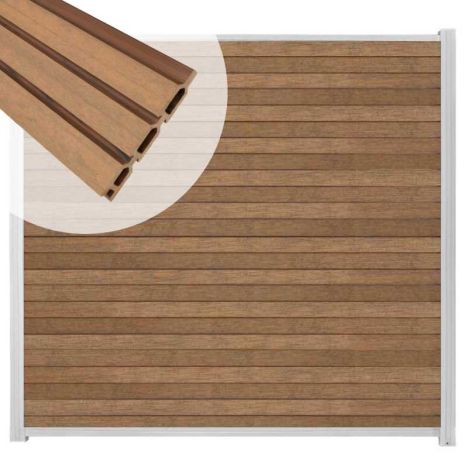 Zelfbouw schutting composiet Rhombus Triple bruin gevlamd - wit alu accessoires (180 x 180 cm)