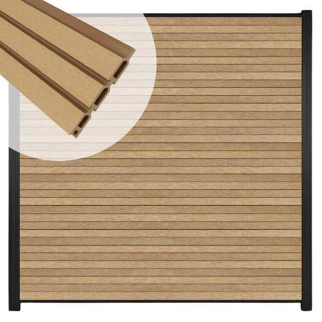 Zelfbouw schutting composiet Rhombus Triple teak - zwart alu accessoires (180 x 180 cm)